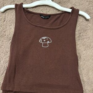 SHEIN Chocolate Brown Crop Top with Mushroom Motif